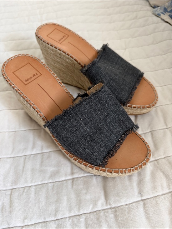 Dolce Vita Shoes - Dolce Vita Dark Black Frayed Denim Espadrille Wedge Slides 8.5